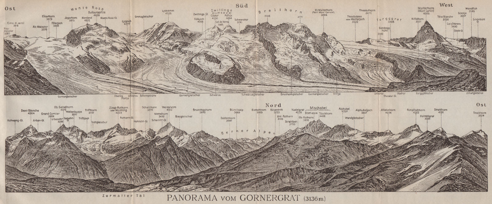 GORNERGRAT PANORAMA. Zermatt Monte Rosa Breithorn Matterhorn Mischabel 1913 map